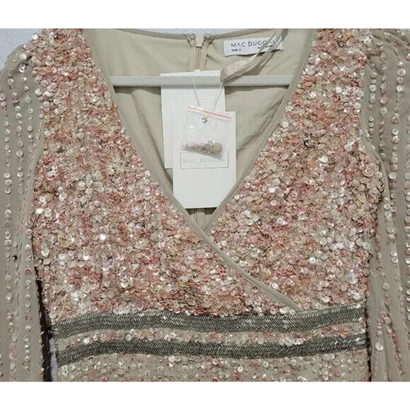 Mac Duggal NWT SEQUINED V-NECK BISHOP SLEEVED DRESS SZ 4 NUDE PINK SILVER 93593 - Picture 7 of 8